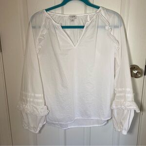 White J. Crew Blouse with Pom Pom Detailing